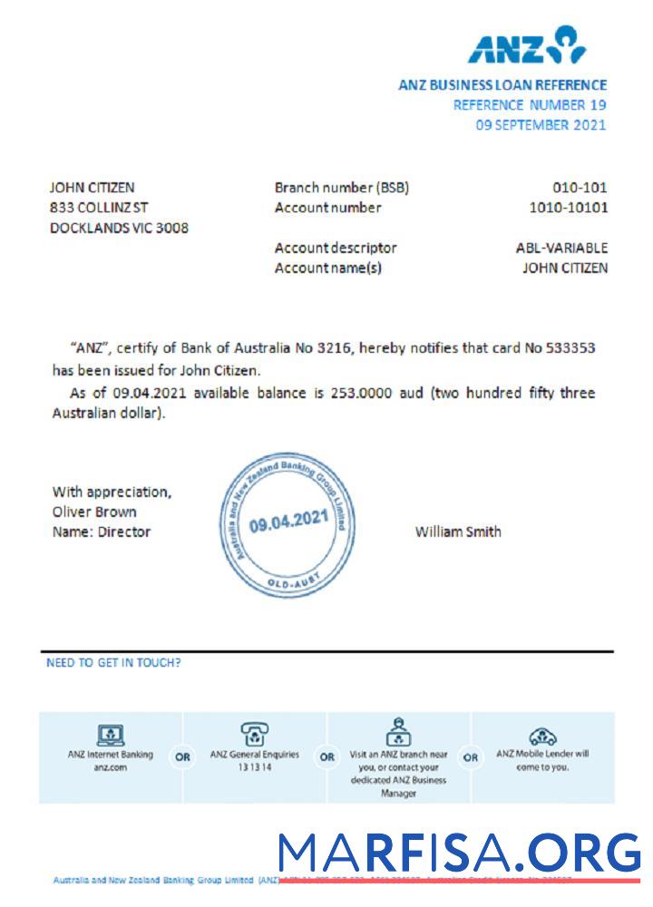 Realistic Australia ANZ bank reference template